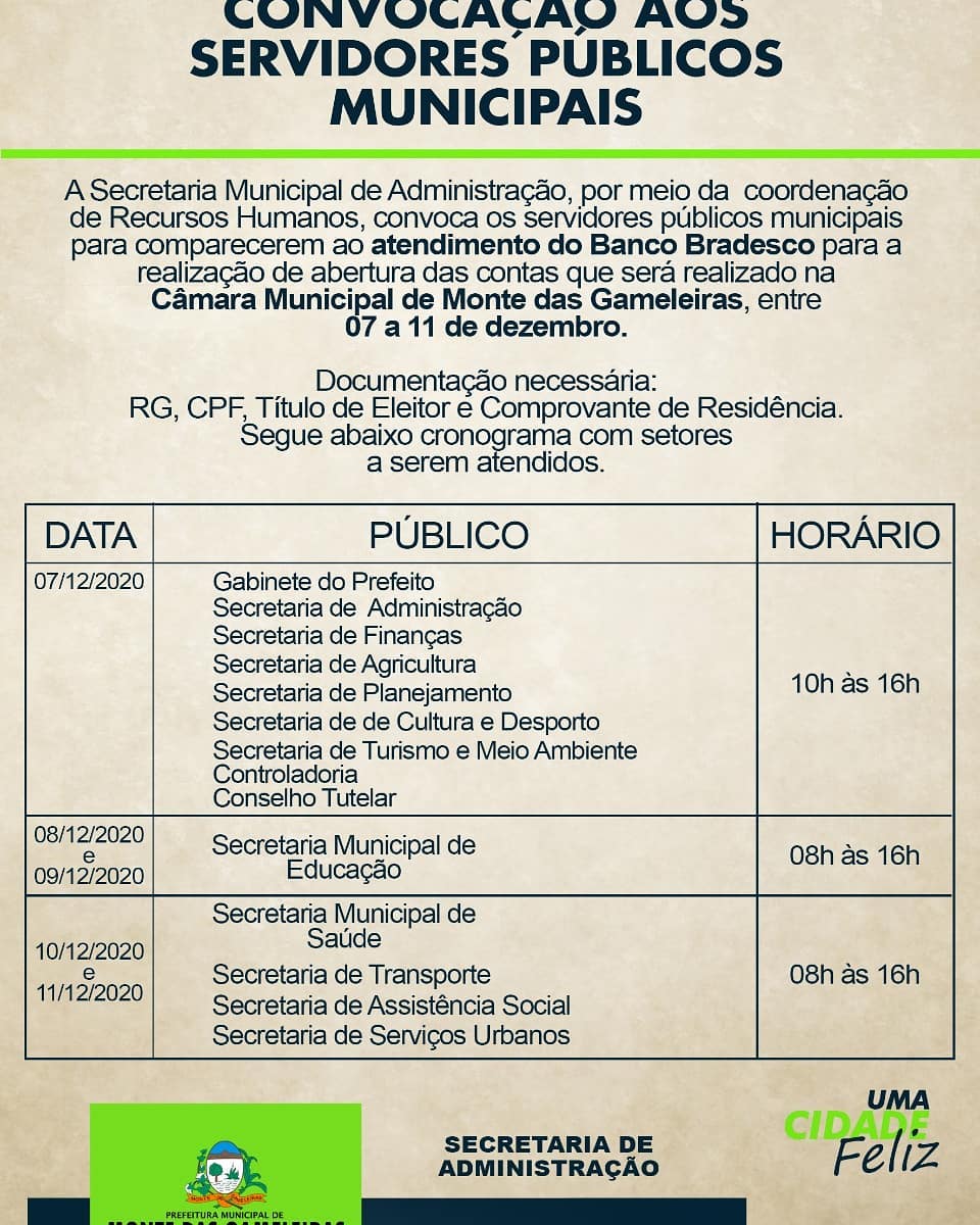 Prefeitura Municipal de Monte das Gameleiras – Prefeitura convoca  funcionários para aberturas de contas do Banco Bradesco.